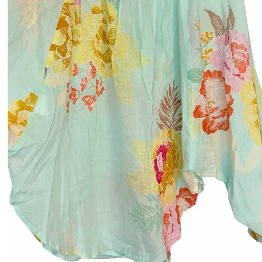 Farm Rio Basel Peasant Top Floral Sheer Cotton Beaded Tassels
